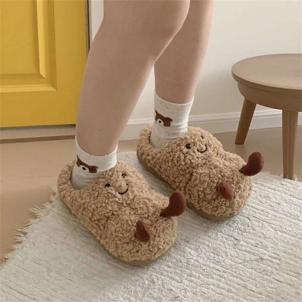Women Indoor Fluffy Slippers Cute Cartoon Autumn Winter House Shoes Warm Faux Fur Anti-slip Girls Student Home Cotton Slides
