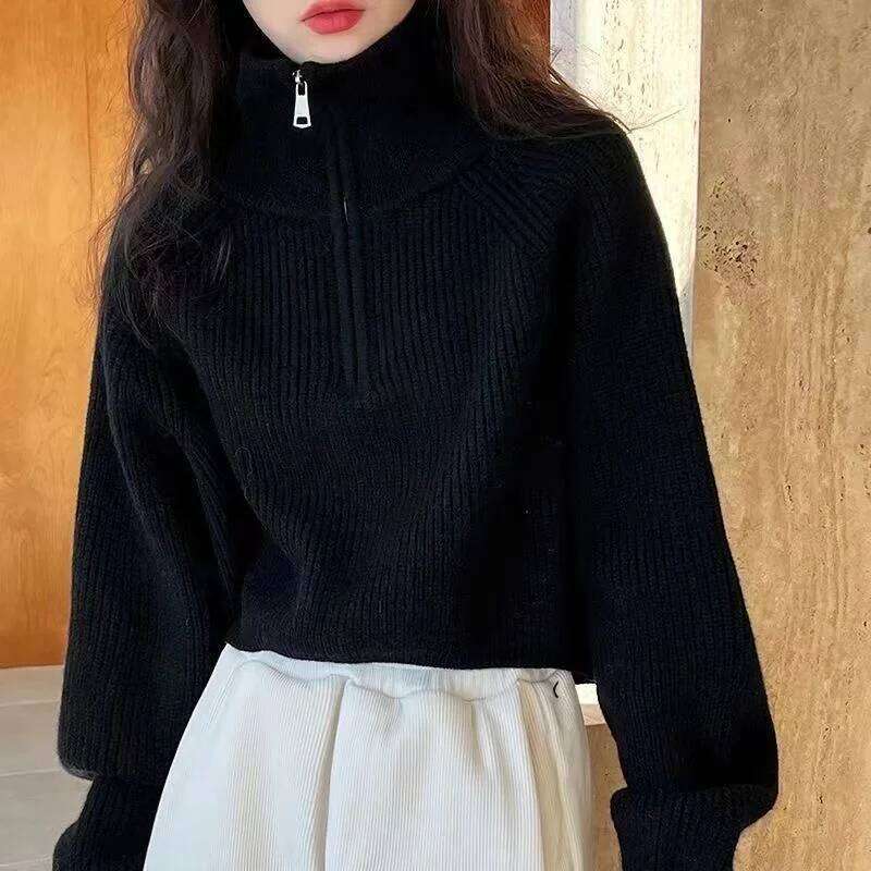 Women's New Spliced high-neck Zipper Knitted Loose Sweater Bottoming Style Long-sleeved Top XJ260305