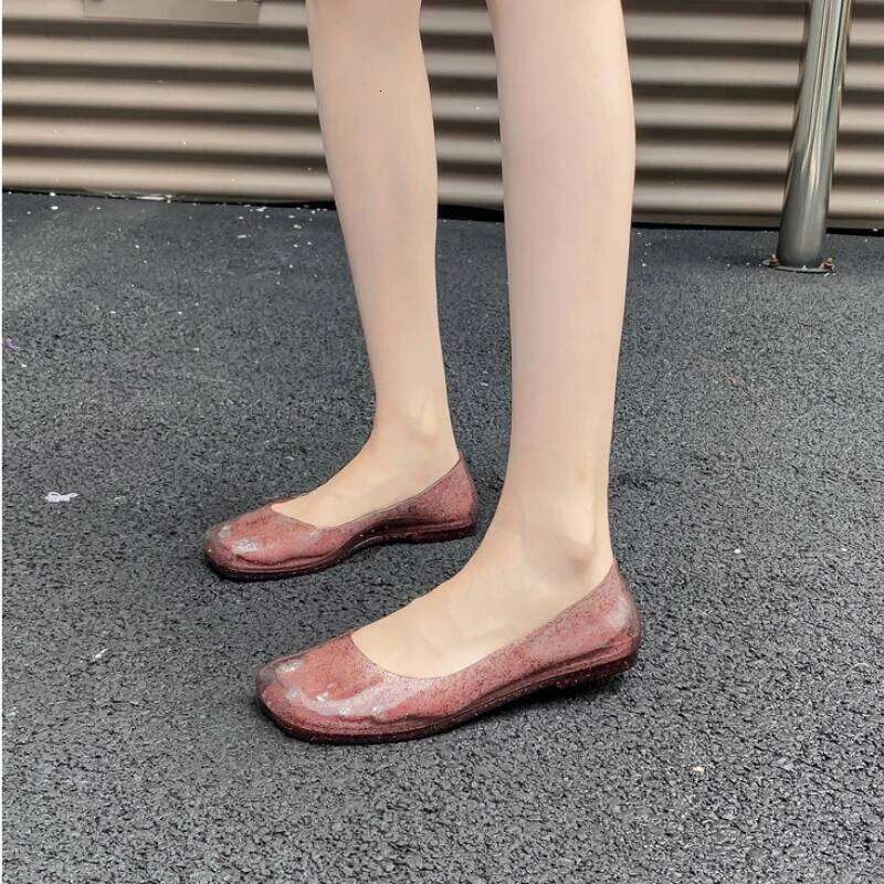 Leisure Jelly Shoes Woman Summer Flat Sandals Soft PVC Bling Transparent Color Square Toe Female Home Street Flats Big Size 42