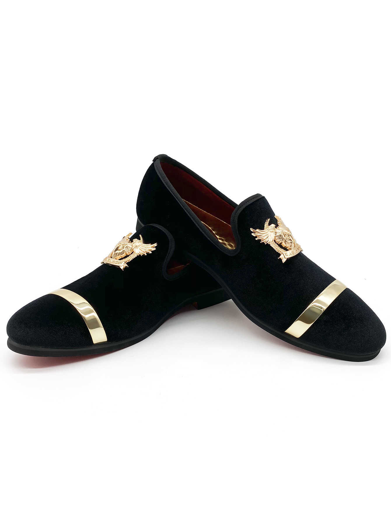 Men's Luxury Black Velvet Loafers Gold Metal Band Eagle Emblem Dress Shoes Fashion Slip-on Smoking Slippers