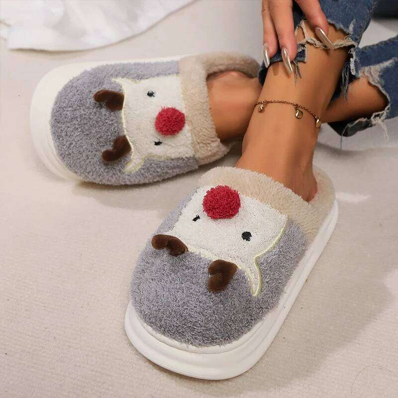 Kidmi Women's New Soft Plush Warmed Fleece Thickened Cotton Slippers Popular Deer Antler Pattern Cartoon Shoes
