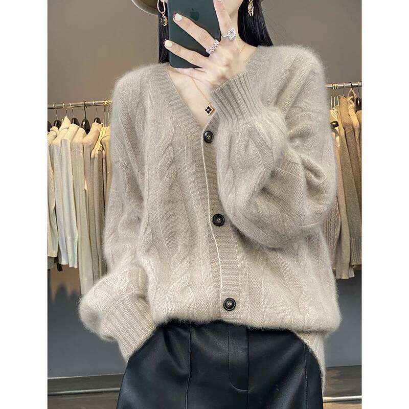 New 100% Merino Wool V-neck Button Jacquard Cardigan Fashionable Soft Classic Loose Women Autumn Winter Cashmere Knitwear Coat XJ260305