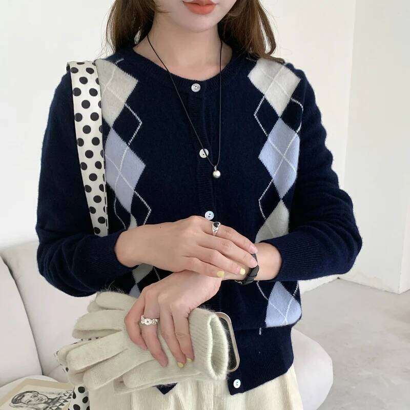WinvyNee Women's Merino Wool Cardigans Long Sleeve Sweaters O Neck Argyle British Casual Knitted Winter Cropped Coats B1523040 XJ260305