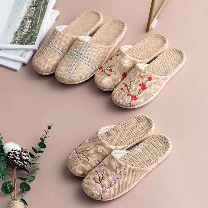 Chinese Style Indoor Linen Slippers For Women Men 2025 Spring Summer Shoes Ani-slip Light Weight Embroidery Couples Home Slides