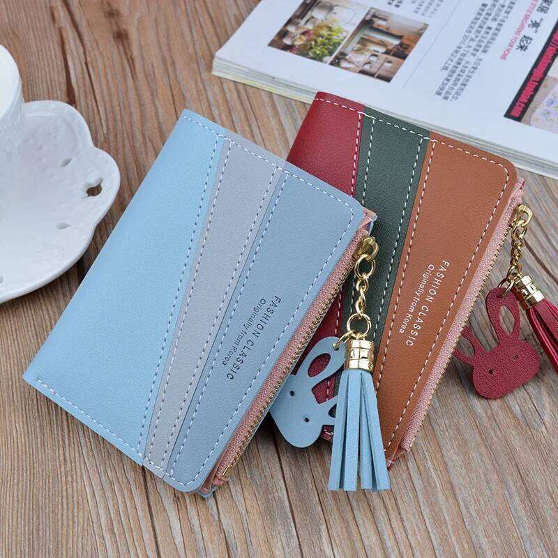 Women Wallet Patchwork Design Small Zipper Coin Purse Tassel Decoration Money Bag Simple Card Holder Contrast Color PU Leather C260304