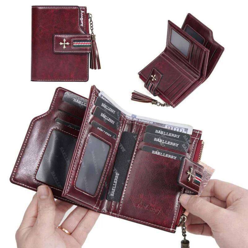 New Pu WOMEN'S wallet with oil wax leather tassels, fashionable three-fold short wallet, multi-slot zipper coin purse C260304