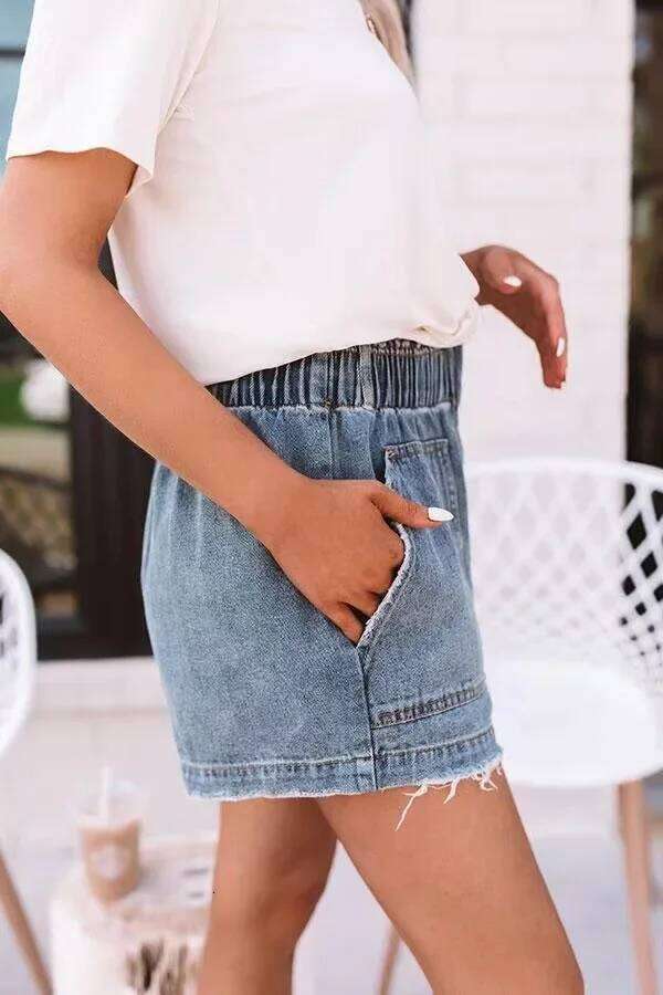 Elastic Waist Washed Loose Denim Shorts. New Summer Fashion and Temperament Pocket Insertion Casual High-waisted Short Jeans XJ260305