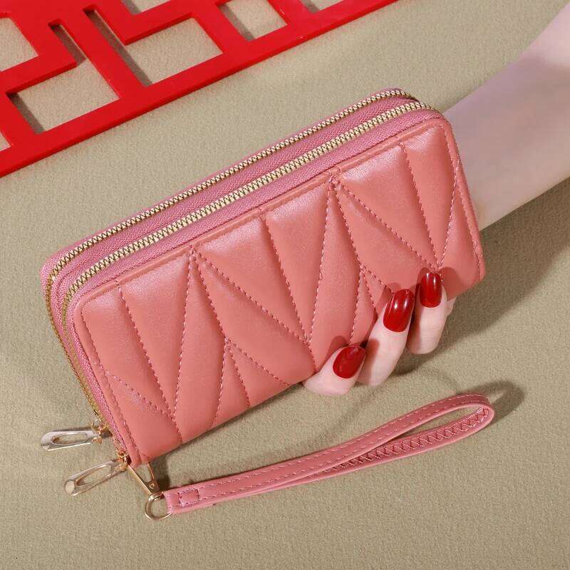 Simple Large-capacity Long Wallet, Solid Color Zipper Coin Purse, Valentine's Day Clutch Bag With Wristband C260304