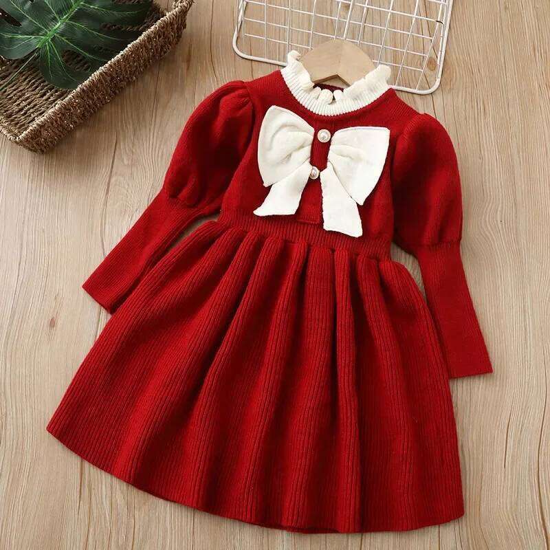 LILIGIRL Big Bow Puff Sleeve Dress Girls, Knitted Pleated Party Dress, Cute Casual Outfit for Baby & Toddler 2-6Y Z260304