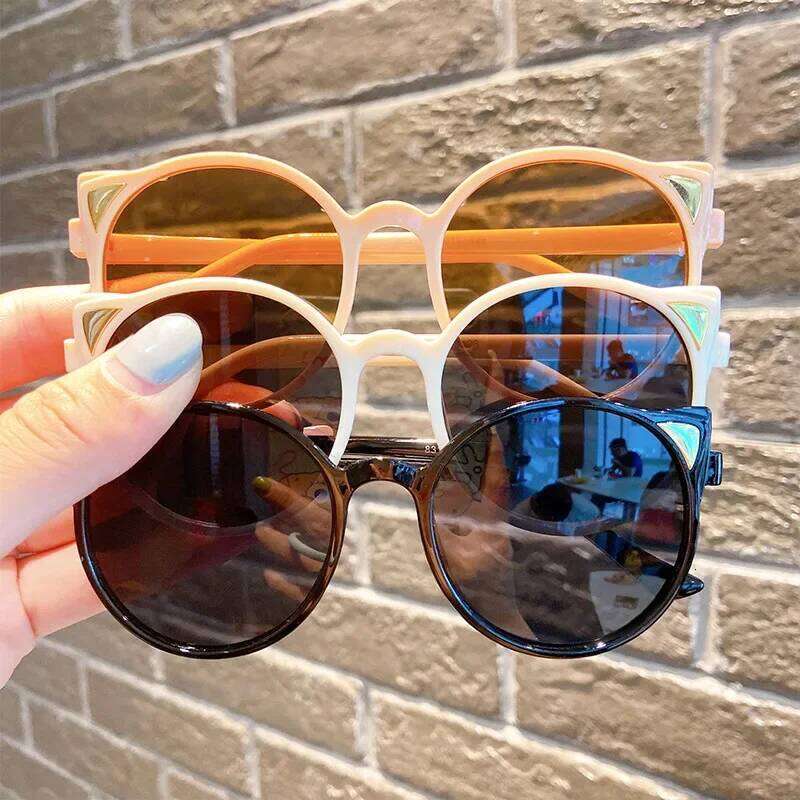 Boys Girls Cute Cat Ear Sunglasses Vintage Travel Outdoor UV-proof Baby Eyewear Children Classic Round Frame Ultralight Glasses Z260304