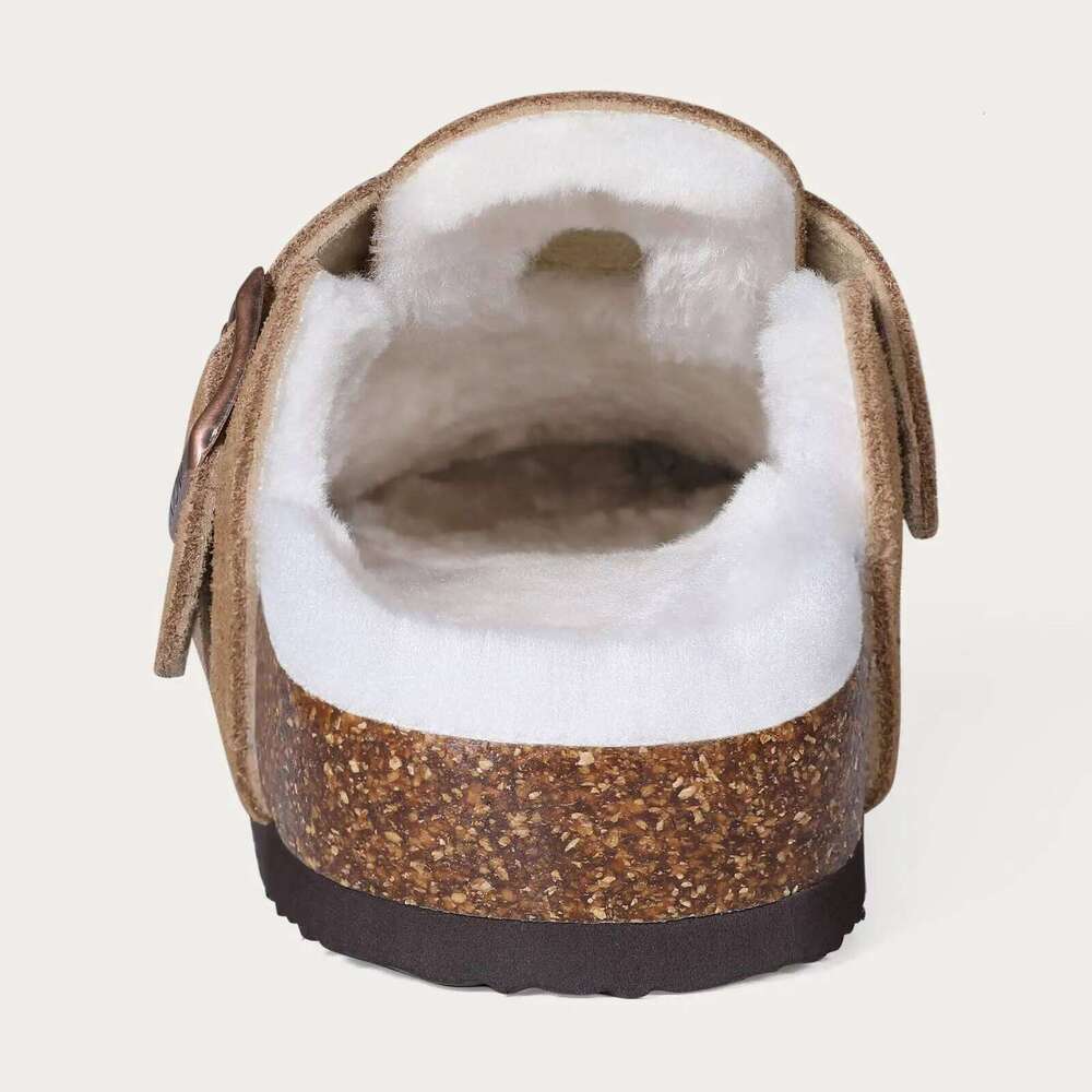 Kidmi Classic Mules For Womens New Winter Genuine Fur Suede Clogs Cork Footbed Cozy Fuzzy Slippers With Adjustable Buckle