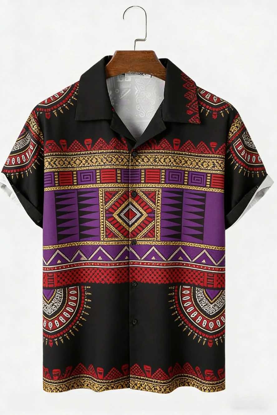 Mens New Linen Ethnic Tribal Style 3D Printed Shirt Hawaiian Tropical Breathable Comfortable Short-sleeved Lapel Clothes MenS M260305