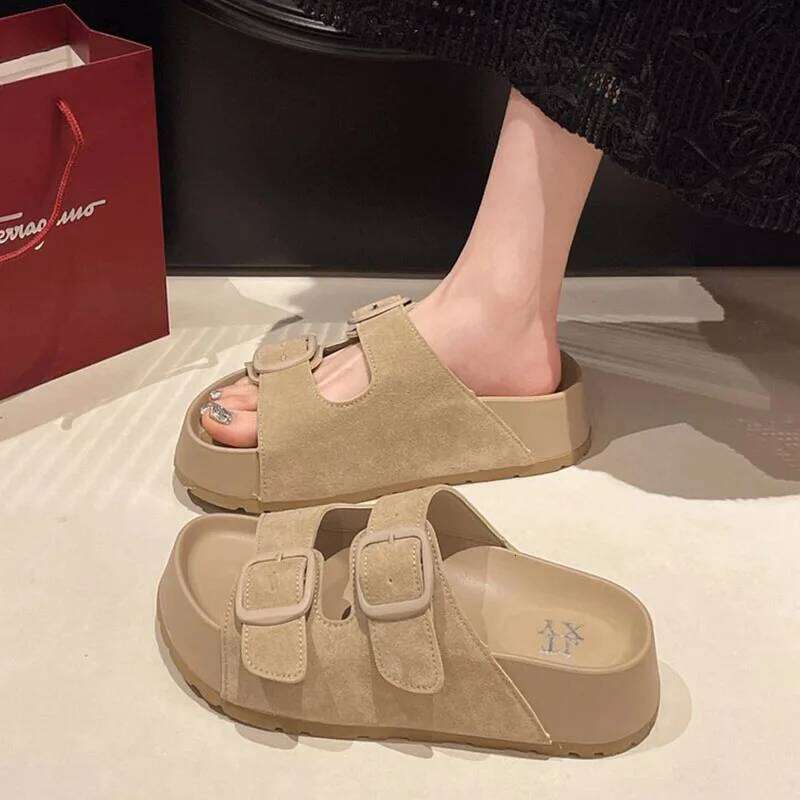 Kidmi Fashion Retro Trend Beach Round-headed Shoes Summer New Casual With Buckle Women Slippers