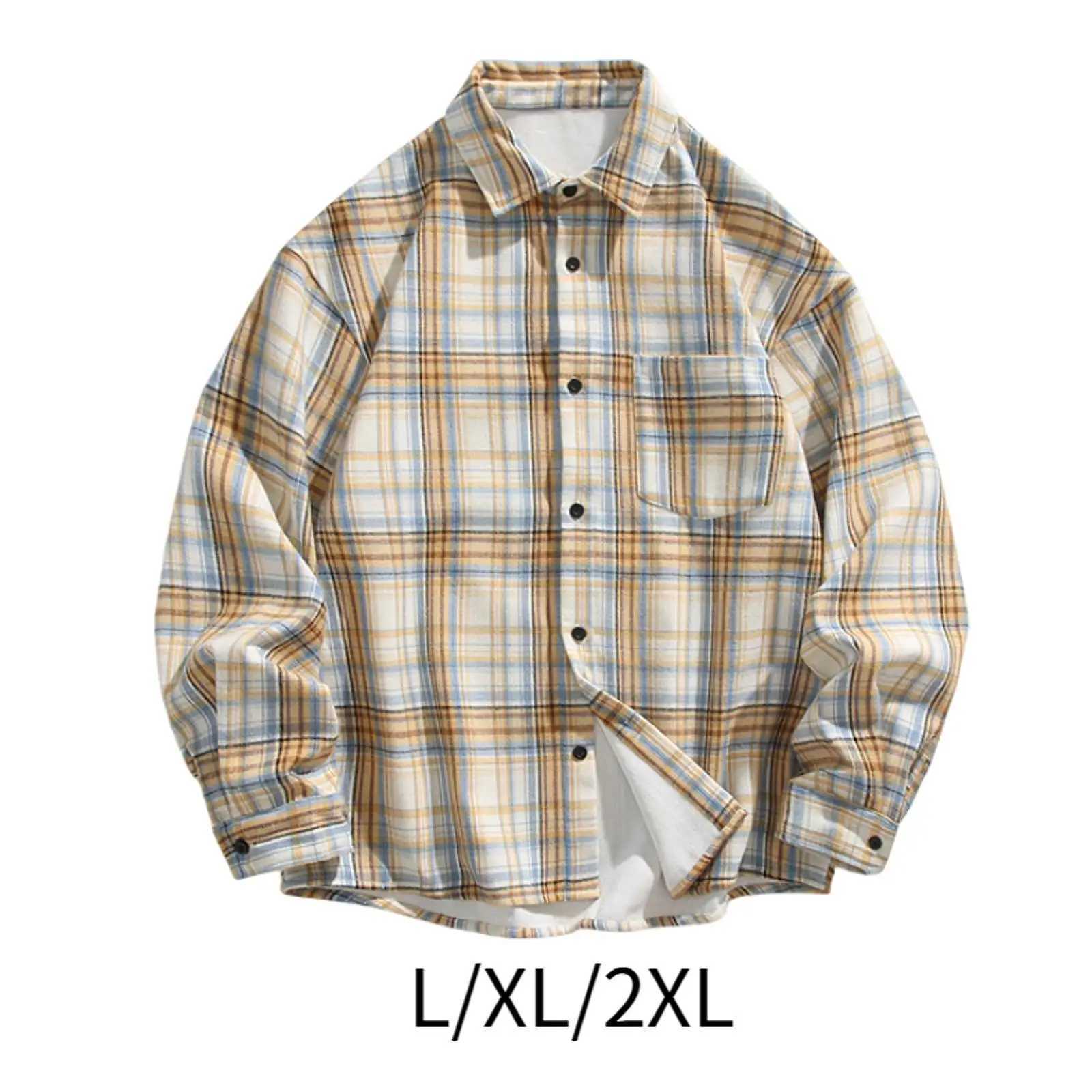 Plaid Shirt Short Plush Lining Lapel Coat Long Sleeve Button Down Mens Shirt for Work Dating Autumn Outdoor Activities Winter M260305