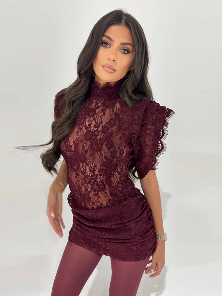 Sexy Lace See Through Party Dress Women Slim Fly Sleeve Oneck Evening Solid Dresses Female 2026 Patchwork Pleated Robe Lady 260302