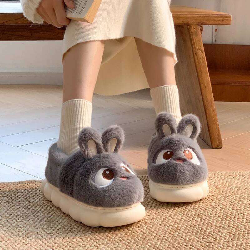 Cute Cartoon Rabbit Cotton Slippers For Women Winter House Shoes Warm Plush Thick Sole Anti-slip Female Home Floor Fluffy Slides