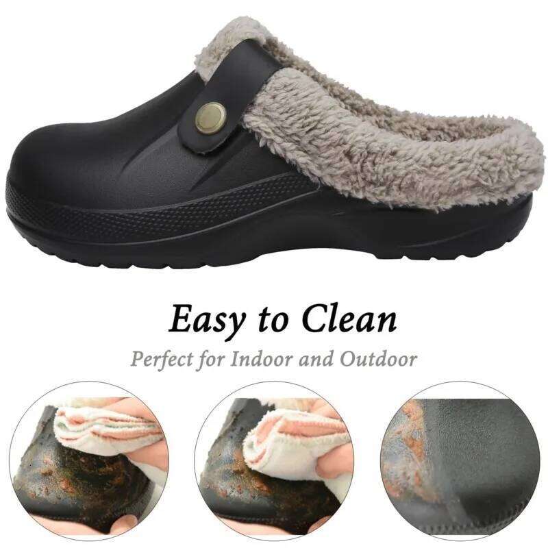 Kidmi Women Fuzzy Winter Fur Lined Adult Indoor Waterproof Comfortable Cotton Shoes Garden Clogs Men Warm Home Slippers