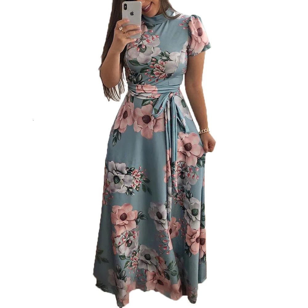 Womens Floral Print Summer Dress - Boho A-Line Swing Dress with Short Sleeves High Waist Flowy Maxi Dress for Beach 260304