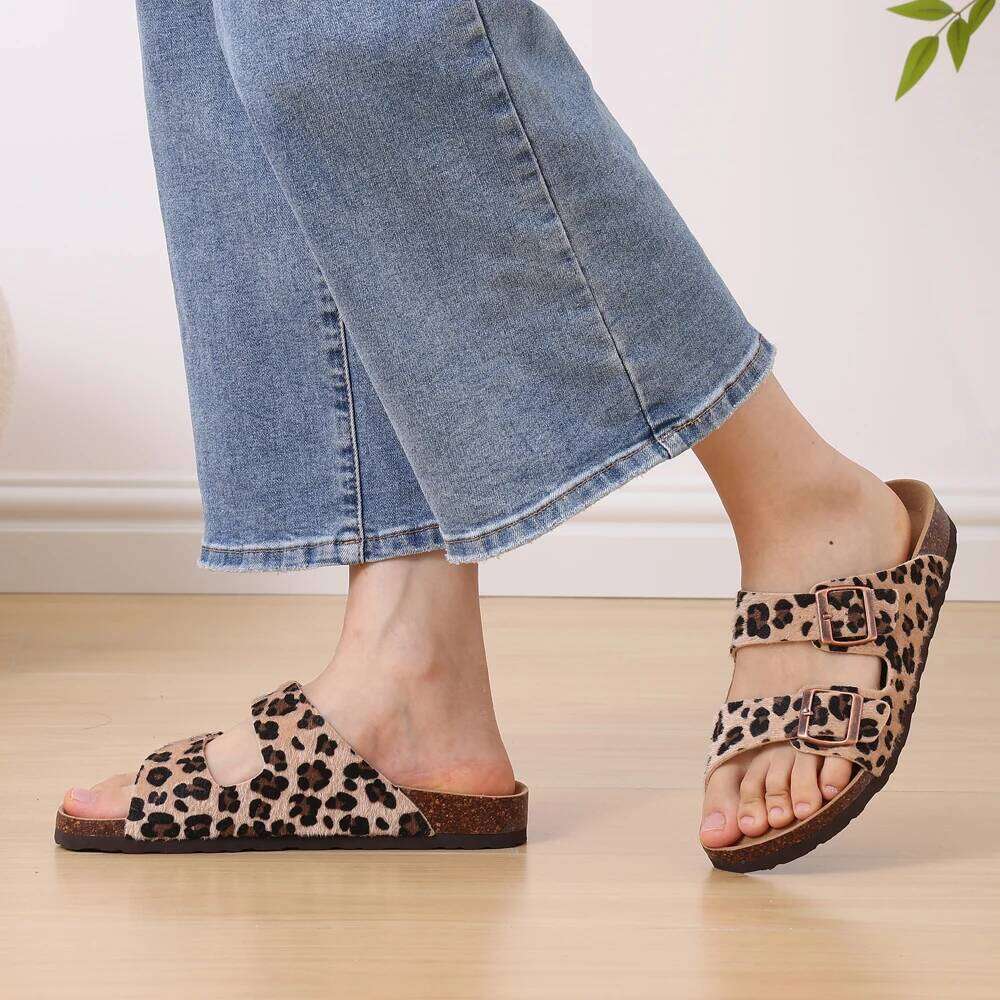 Kidmi Women's Slide New Casual Cork Footbed Platform Open Toe Leopard Slides With Adjustable Buckle Flat Sandals
