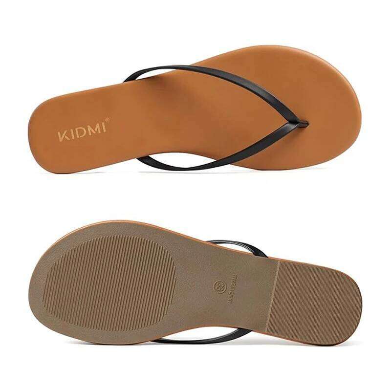 Kidmi 2026 New Vegan Leather Flat Thong Flip Flops Comfortable Memory Foam Summer Beach Sandals for Women