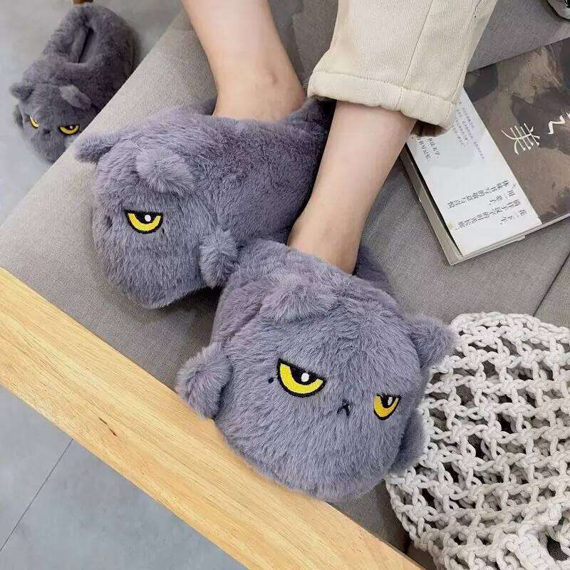 Cute Cartoon Cat Indoor Fluffy Slippers For Women Men Funny House Shoes Warm Faux Fur Anti-slip Couples Winter Home Cotton Shoe