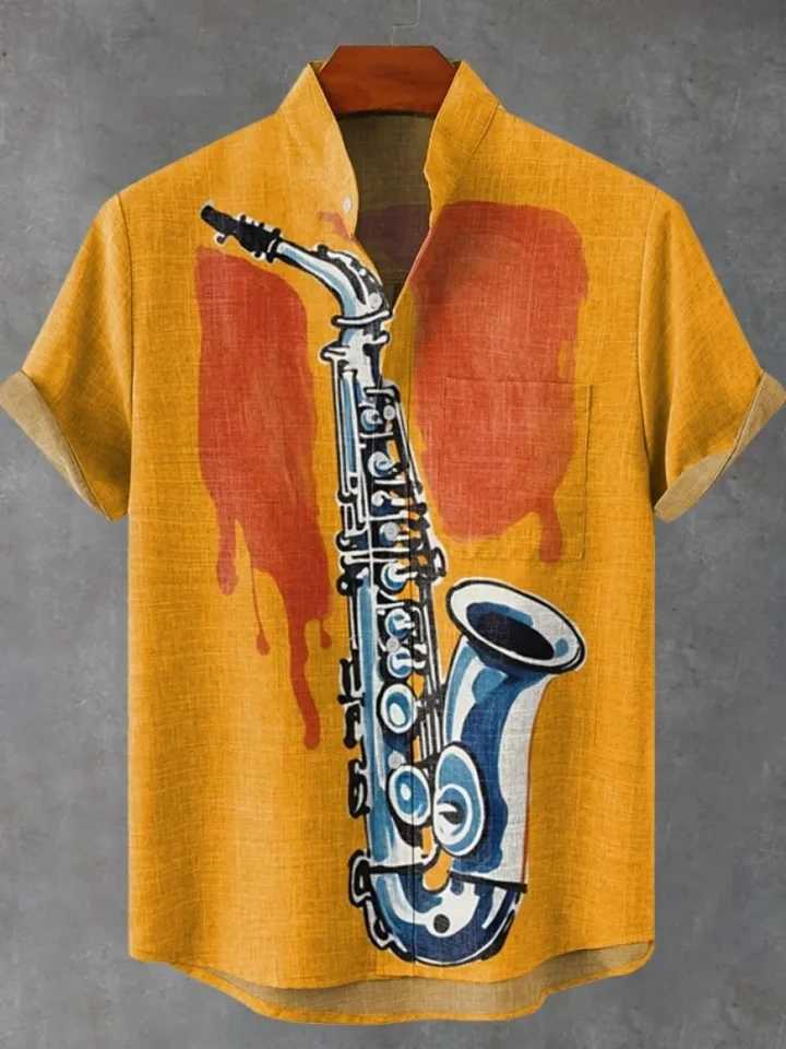 Musical instrument pattern print fashionable mens short sleeved shirt loose top outdoor street casual and comfortable M260305