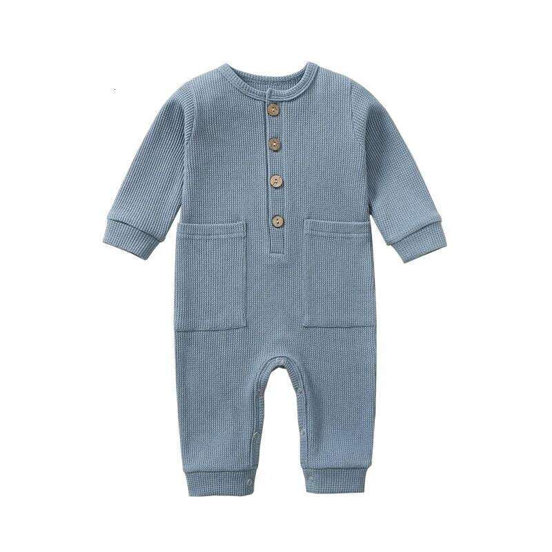 Spring Autumn Newborn Baby Romper Cotton Solid Soft Infant Jumpsuit With Pocket Girl Boy Long Sleeve Bebe Pajamas Wodden Buttons Z260304