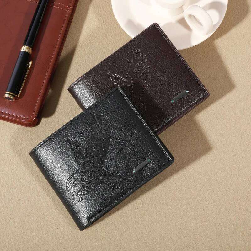 Eagle-Embossed Black PU Leather Men's Wallet: Waterproof Scratch-Resistant with Plaid Detail, Large Capacity & Multiple Card S C260304