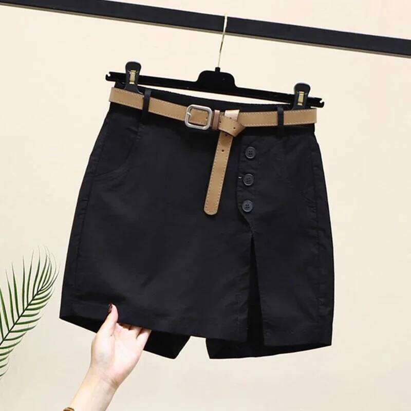 Shorts Women Belt Korean Solid Buttons Side Slit A-line Streetwear Fashion Skirts Chic Harajuku Summer Loose Pants XJ260305