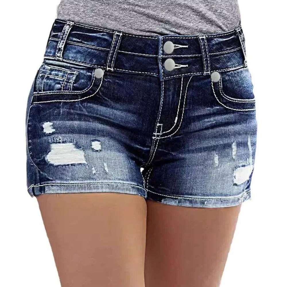 Street Trend Retro Double-button High-waisted Denim Shorts.New Summer Fashion Washed Ripped Stretch Casual Short Jeans for Women XJ260305