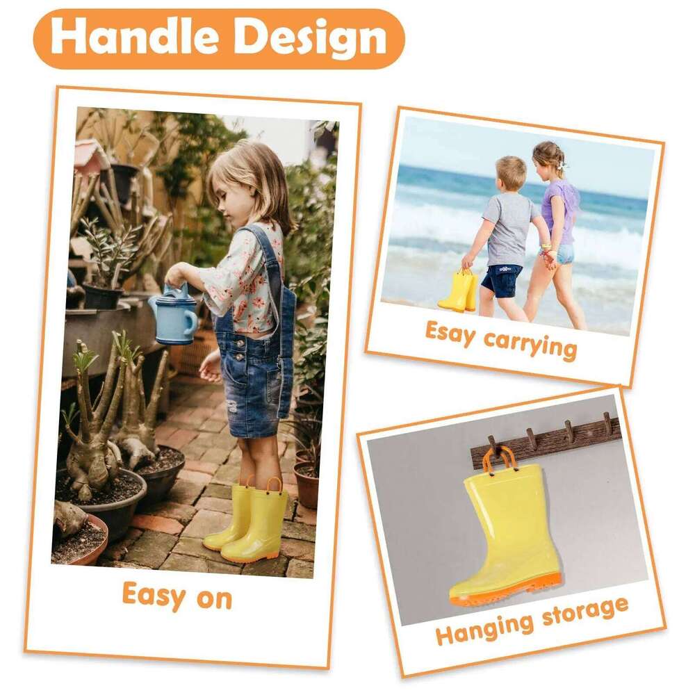 Kidmi Children Girls And Boys Outdoor Non-slip Rubber Rain Shoes Cute Easy Clean Kids Waterproof Boots With Handles