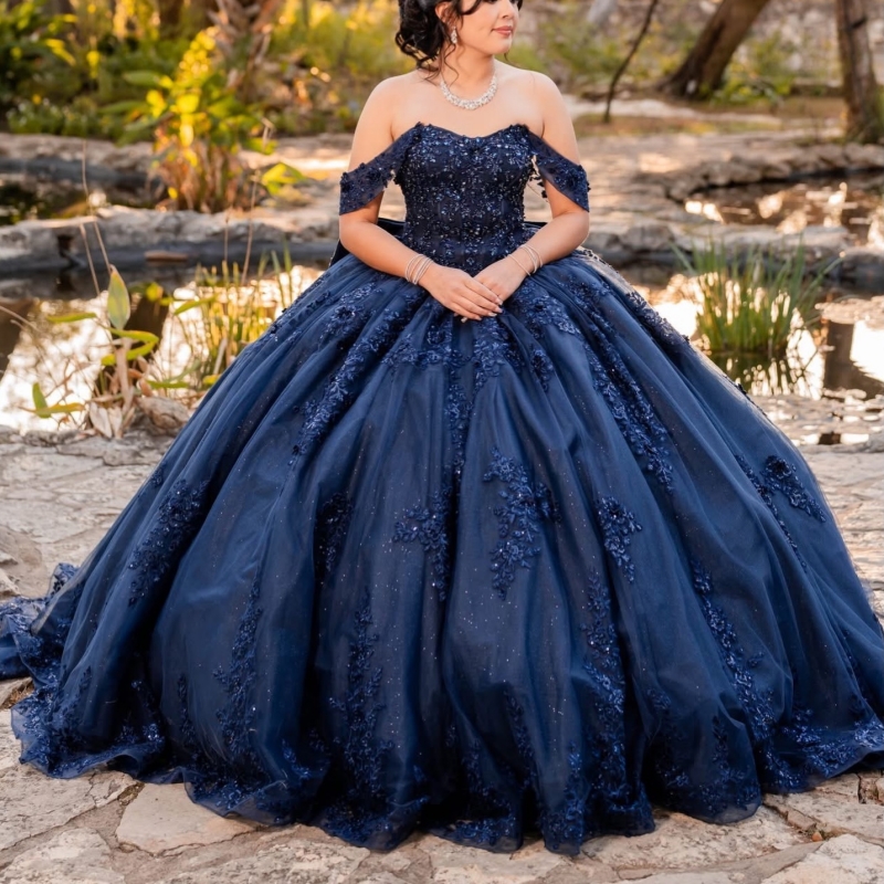 Navy Blue Shiny Quinceanera Dresses Ball Gown Off The Shoulder Applique Lace Beading Crystal Bow Corset Party Birthday Sweet 16 Dress Vestidos 15 De A