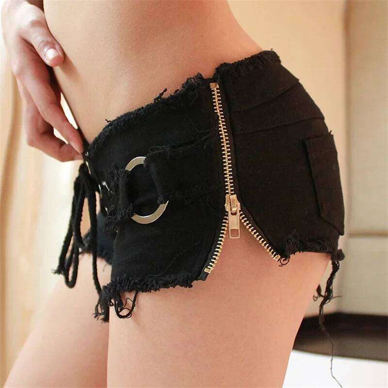 Women Side Zipper Splice Denim Shorts Lace-up Open Crotch Ultra-short Trousers Casual Three Quarter Pants Female Sexy Streetwear XJ260305