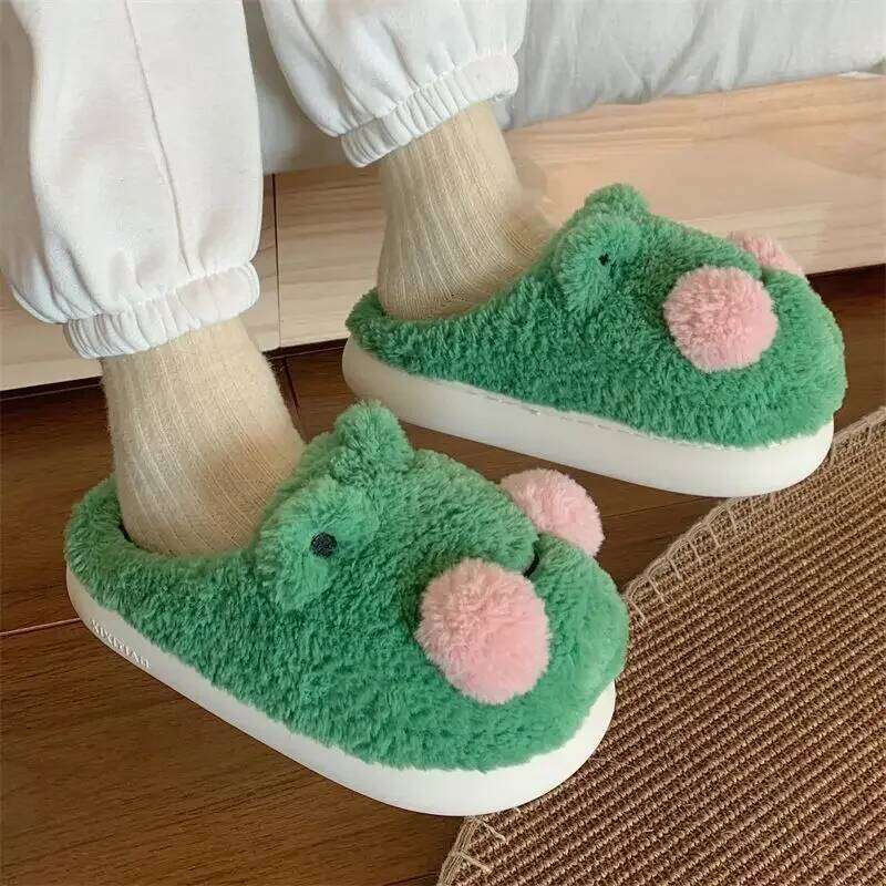 Cute Cartoon Frog Cotton Slippers Women Men Winter Warm Shoes Soft Fur Thick Sole Anti-slip Couples Indoor Home Floor Slides