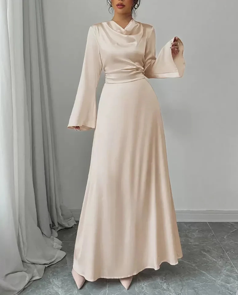 Maxi Dress Spring Summer Women Champagne Satin Cowl Neck Flared Sleeve Belted Elegant Luxurious Party Wedding Evening 260302