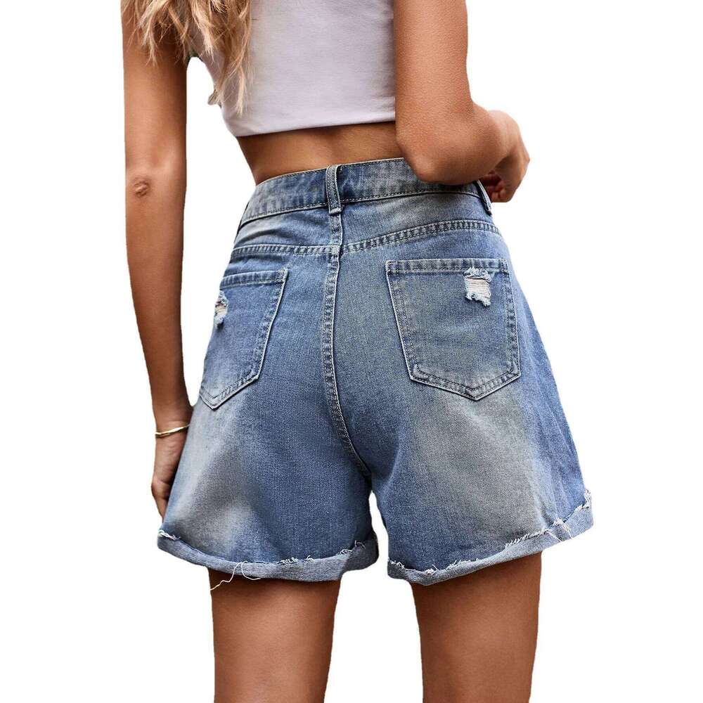 2025 Casual One-breasted High-waisted Denim Shorts. New Summer Fashion and Versatile Washed Ripped Loose Shorts for Women XJ260305