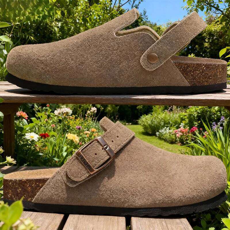 Kidmi Genuine Leather Clogs Cork Footbed Indoor and Outdoor Slippers Cow Suede Mules With Adjustable Strap