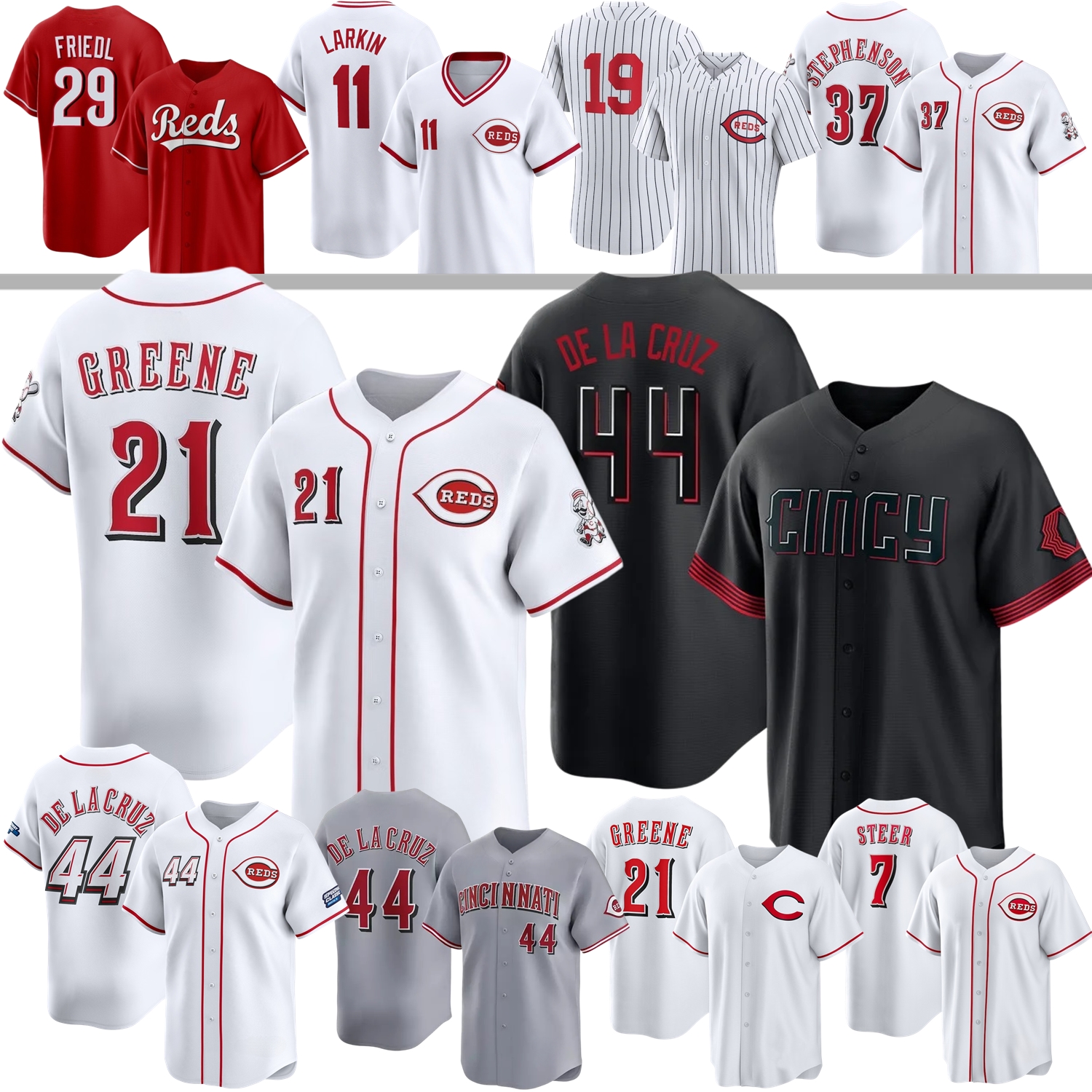 Reds Baseball Jersey #44 Elly De La Cruz Hunter Greene TJ Friedl Nathaniel Lowe Eugenio Suarez Matt McLain Griffey Bench Rose Larkin Hayes Stephenson Singer Burns