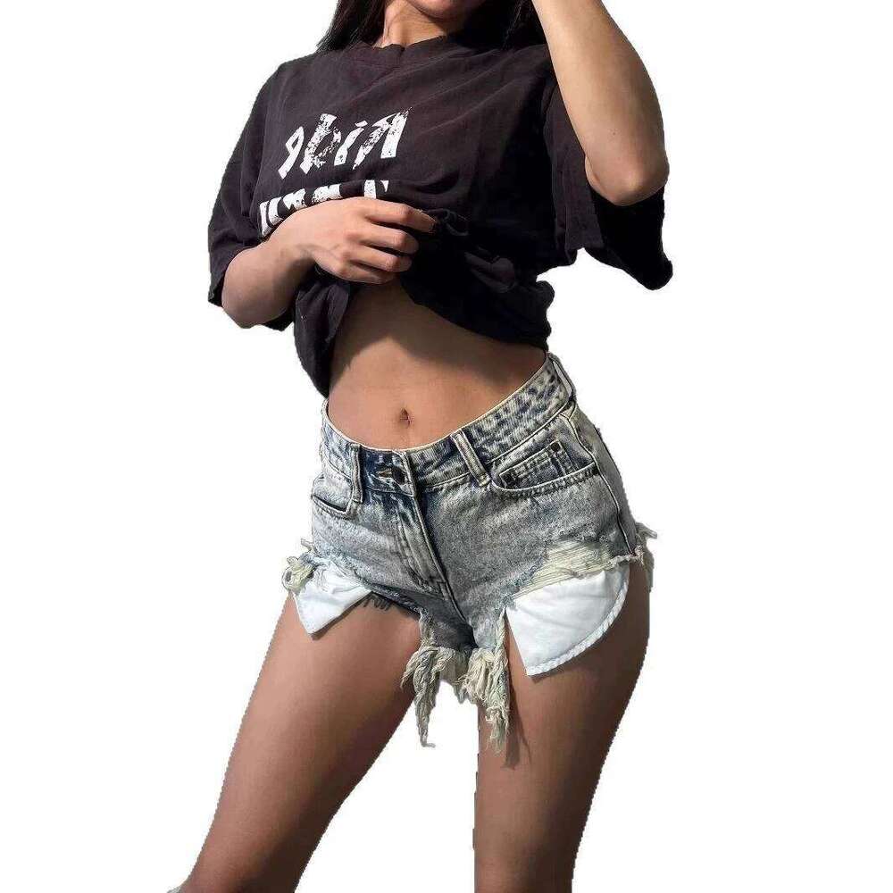 Sexy Worn Out Middle Waist Irregular Pocket Denim Short Front Long Beach Hot Pants Streetwear Loose Jean Shorts Women XJ260305