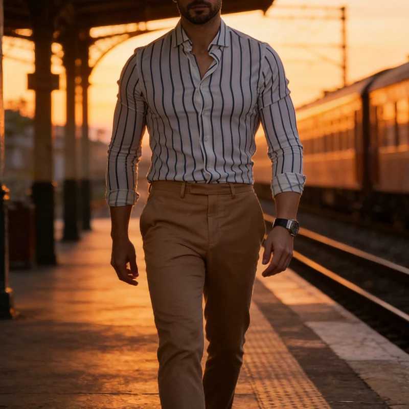 Vintage Long Sleeve Striped Shirts Mens 2026 Spring Casual Turn-down Collar Button-up Shirt Fashionable Men Slim Fit Cardigans M260305