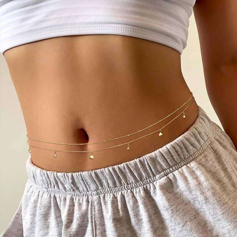 Vintage Gold Color Starfish Shell Waist for Women 2025 New Simple Metal Beaded Double Layered Belly Chain Beach Jewelry S260304