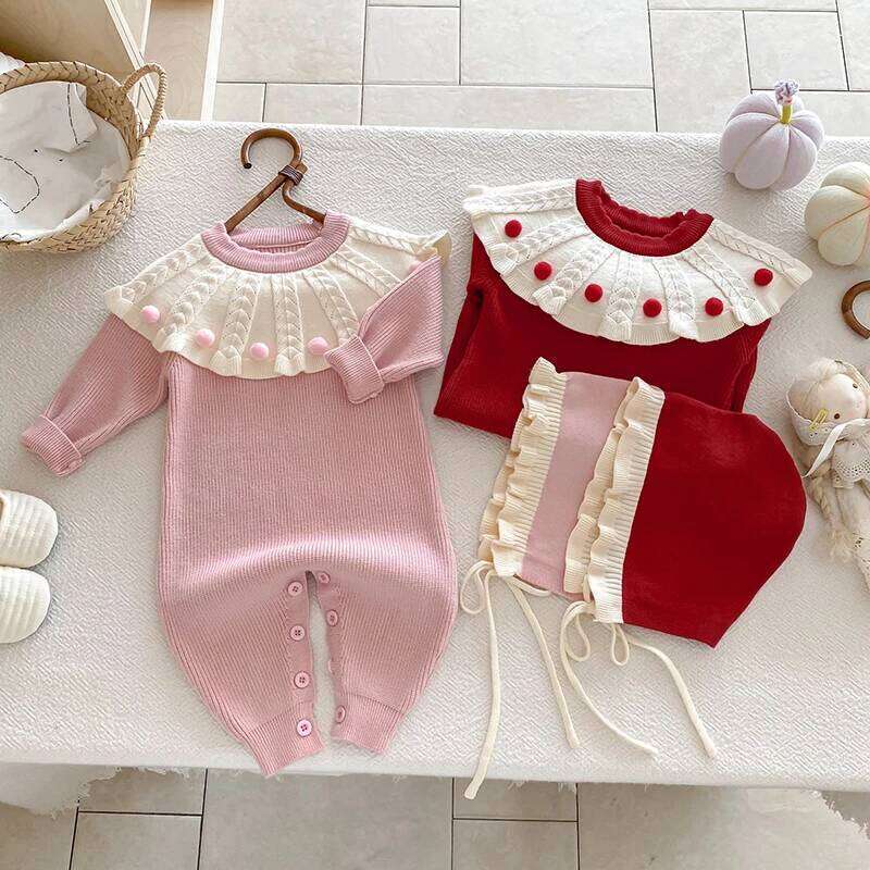 2025 New Autumn Children Clothes Infant Girls Long Sleeved Splicing Jumpsuit Newborn Baby Knitted Bodysuits+Hat Z260304