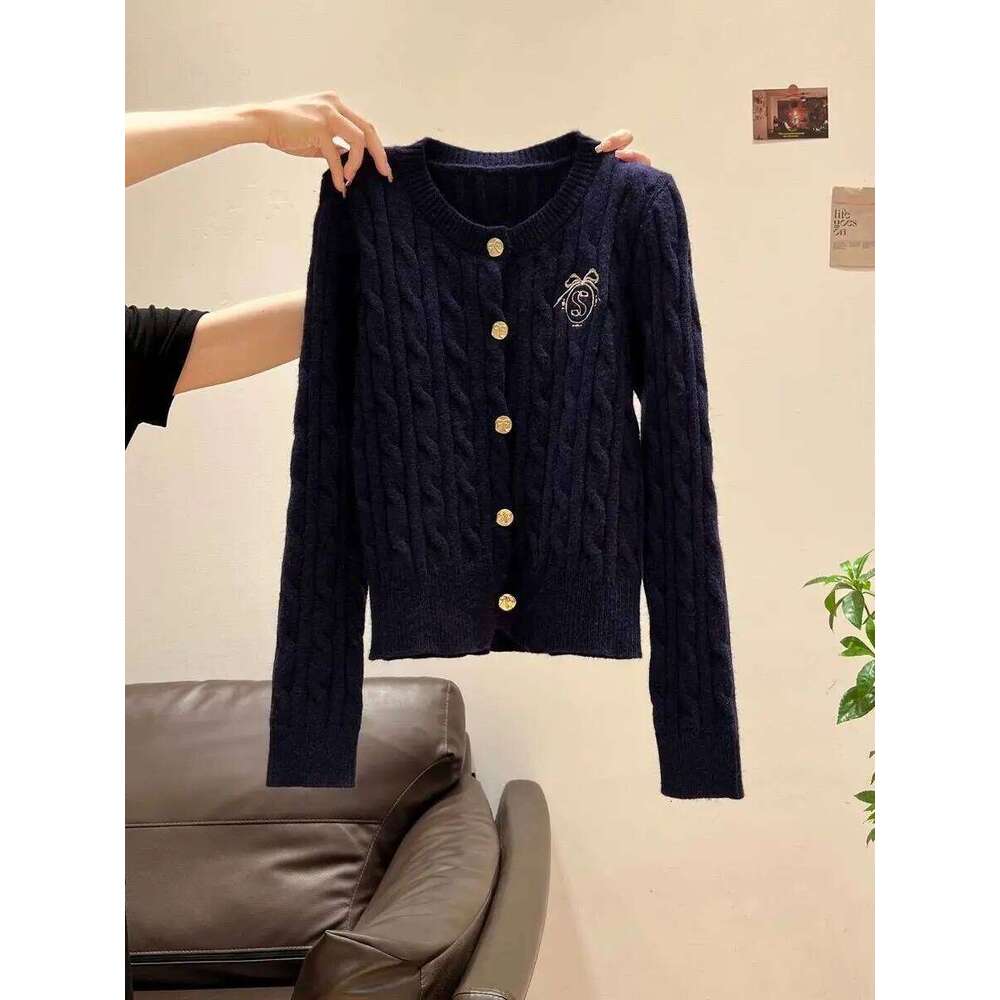 Twist Knitting Grey Embroidered Preppy-style Sweater Jacket for Women's Autumn Winter Korean Knitted Cardigan Top Buttons XJ260305