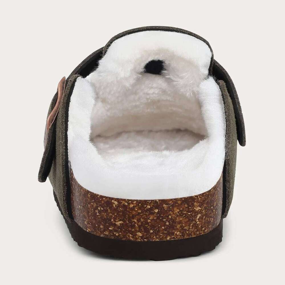 KIDMI Women's Fur Lined Suede Slippers Winter Fuzzy Cork Footbed Mules Outdoor Antiskid Slip On Potato Shoes Men Clogs