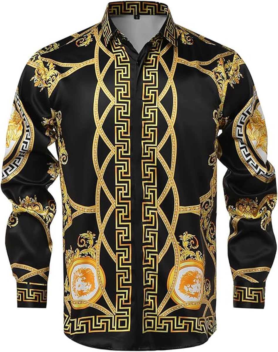 Mens RETRO Noble Gold Chain 3D Printed Shirt Hawaiian Casual Vacation Long-sleeved Lapel Performance CloTHing for Men M260305
