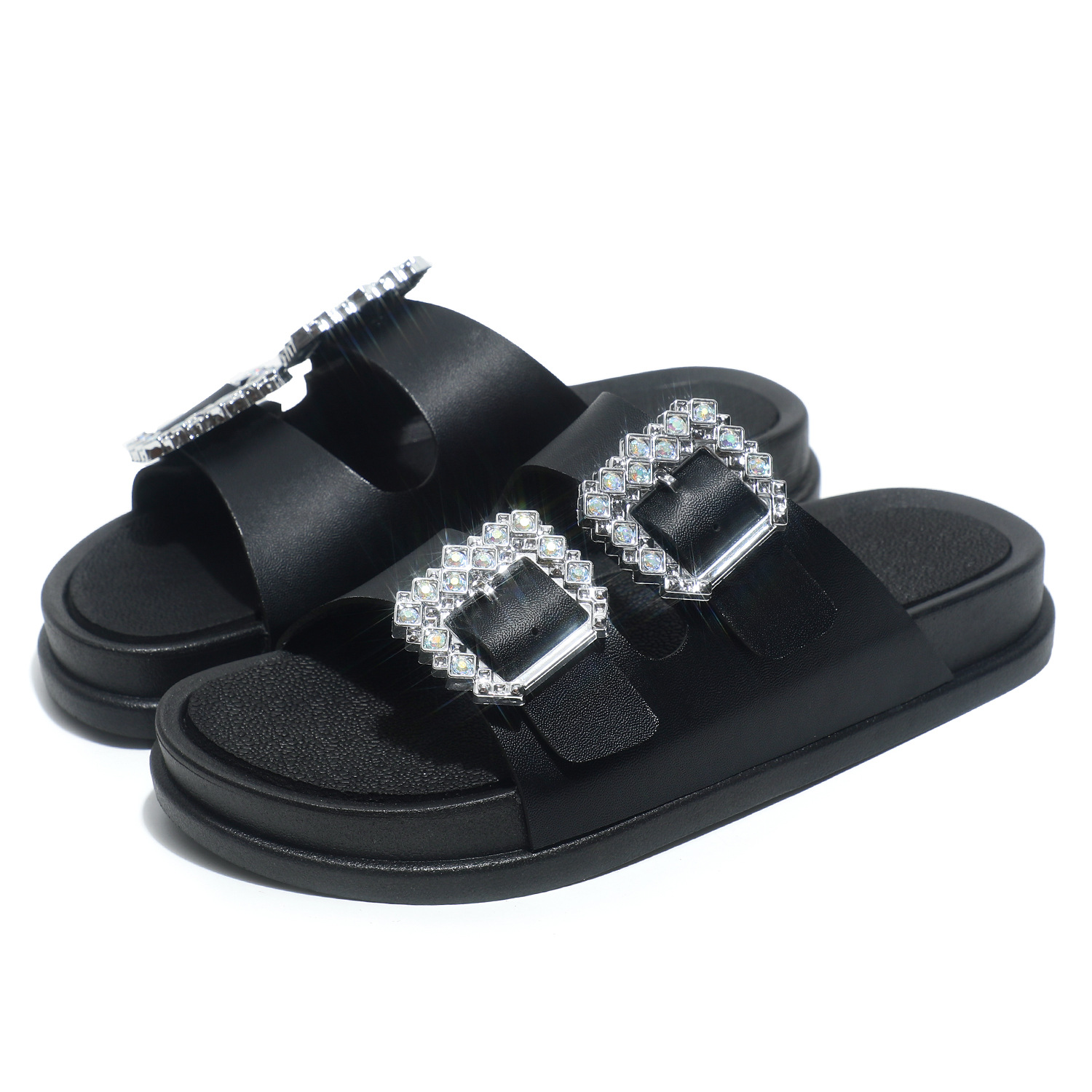 Women's Rhinestone Buckle Slide Sandals - Double Strap Flat Slippers for Casual & Beach Wear 36-41