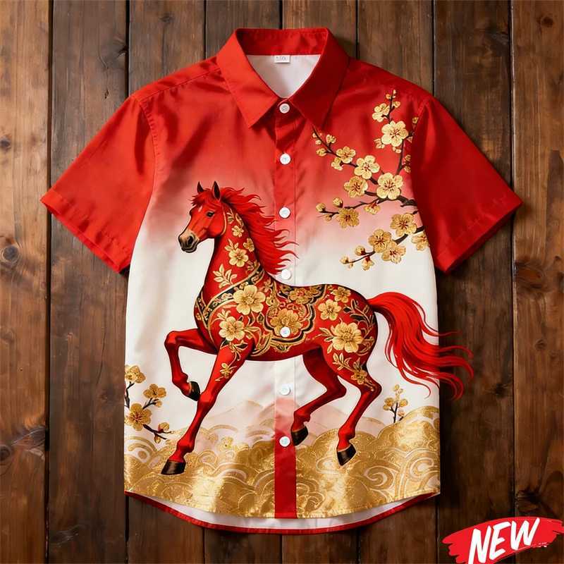 New Design 2026 Horse Year Hawaiian Shirt For Men Women Chinese New Year Party Short Sleeve Shirts Festive Loose Lapel Shirt M260305