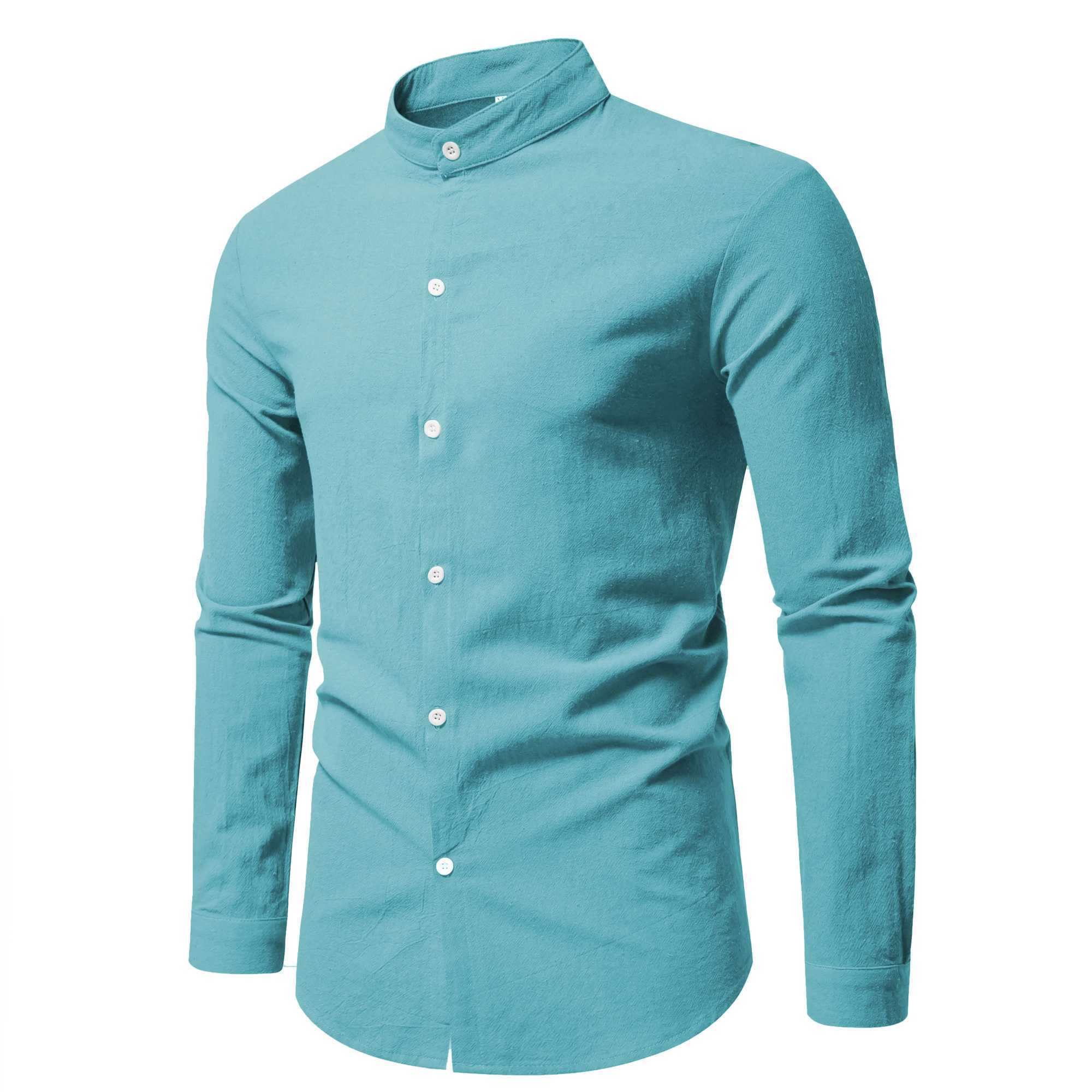Spring Mens Long Sleeve Stand Collar Solid Color Casual Shirt Mens Pure Cotton Fashion Cardigan M260305