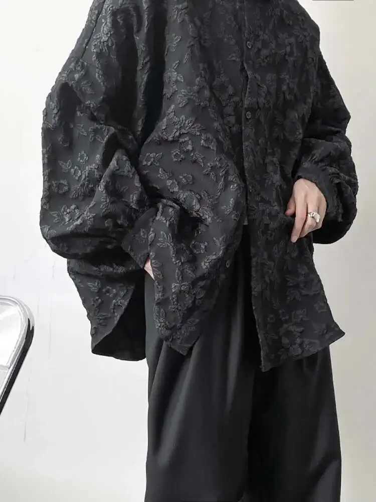 2XL White New Crumpled Jacquard Shirt Loose Fashion Solid Color Casual Turn-down Collar Top New All-match Bat Wing Sleeve P7W M260305