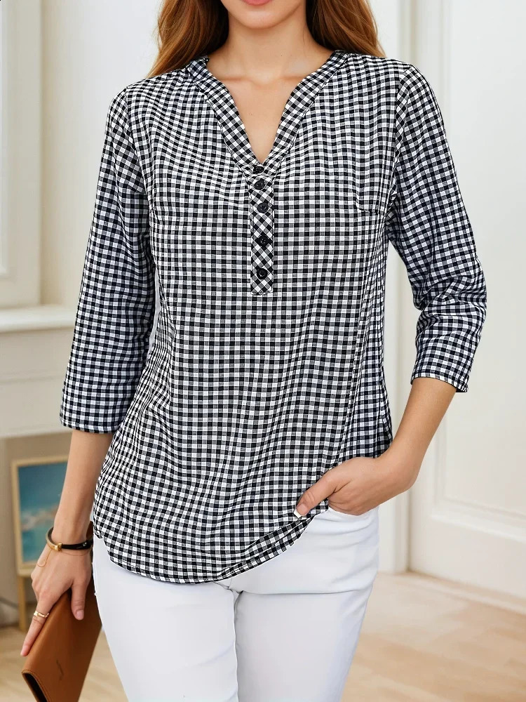 Plus Size Spring Autumn Women Fine Plaid Fashion Long Sleeve VNeck Blouse Slim Fit Temperament Top Belly Covering Small Shirts 260228